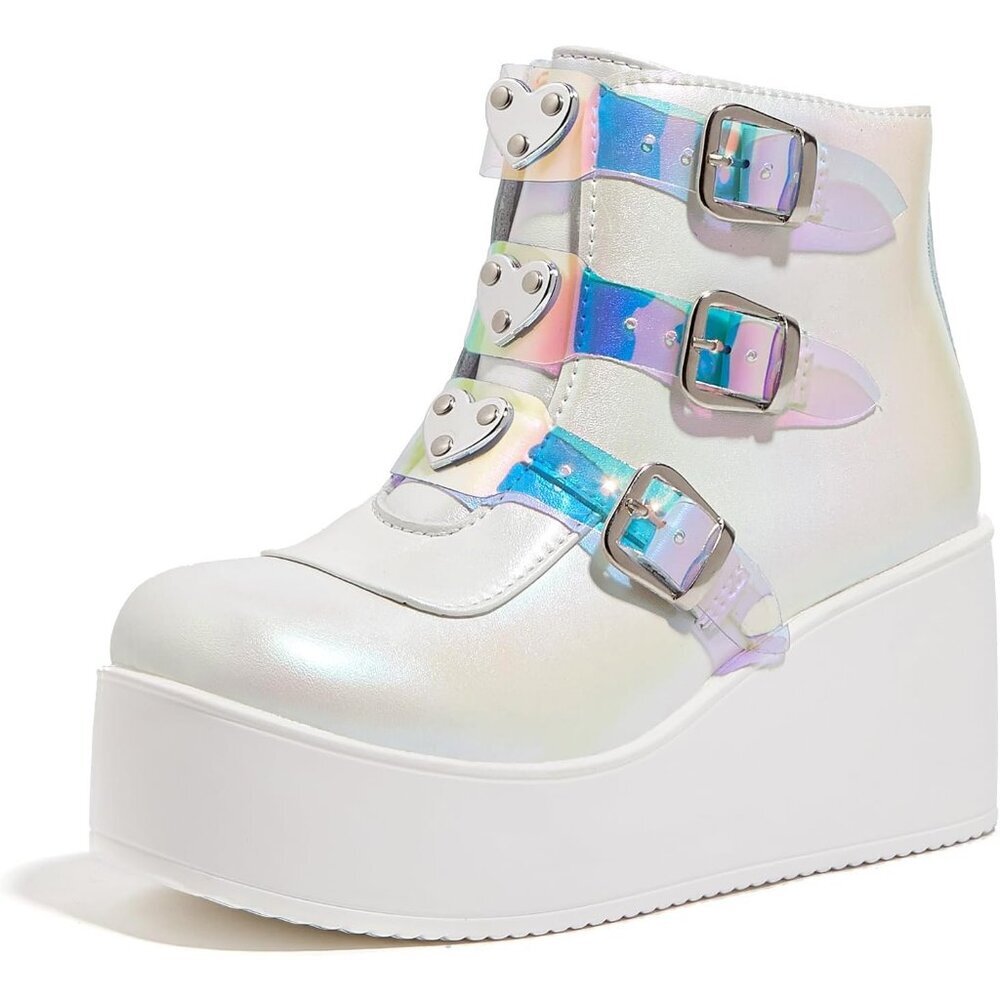 Women White Hologram Polyurethane Rave Buckle Thick Sole Zipper Ankle Boots